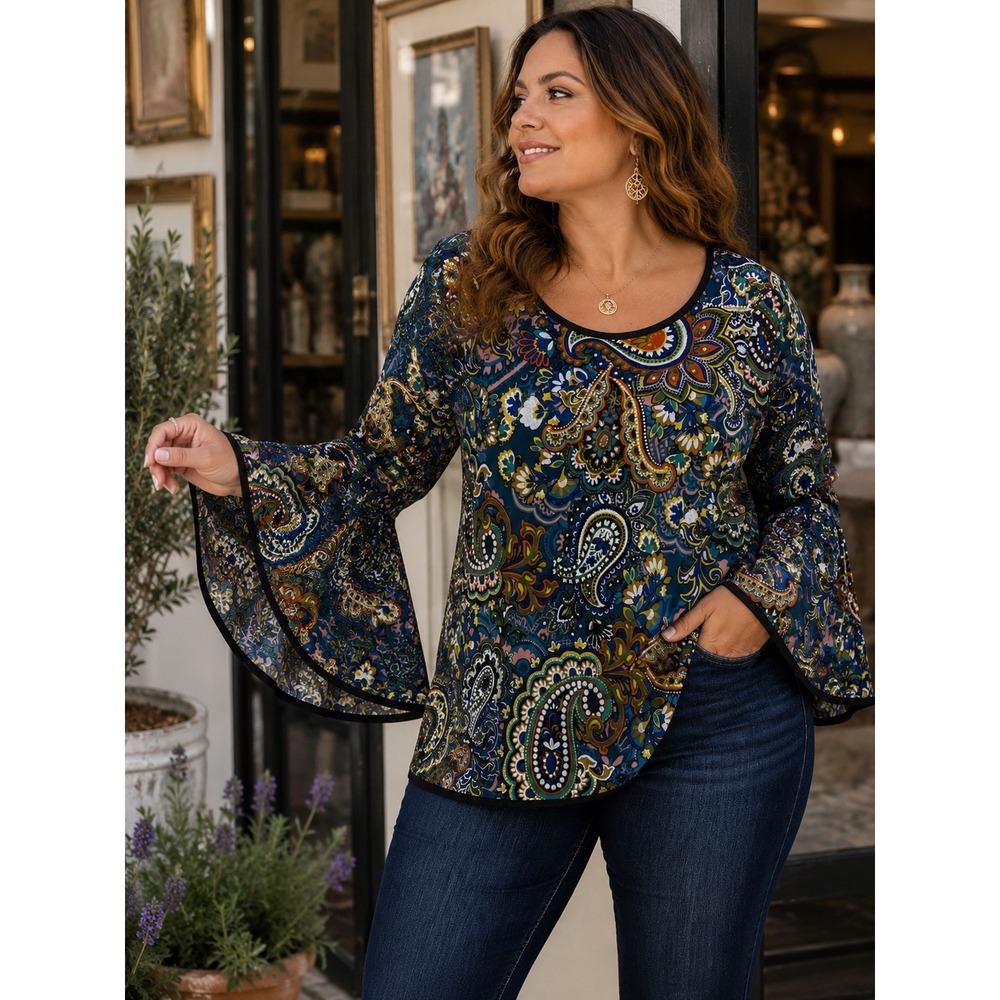 Coco Bianco Paisley Bell Sleeve Blouse Womens XL Blue Sleeve Boho Artsy